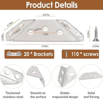 20PCS Universal Stainless Steel L Brackets for Wood,Hardware Metal Angle Bracket Corner Braces