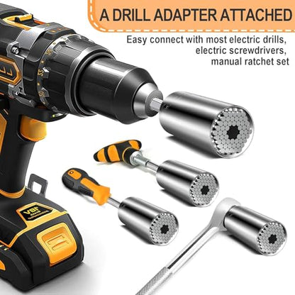 Universal Socket Wrench Adapter (7mm-19mm, 1/4"-3/4") Self Adjusting Multi-Size Tool with Power Drill Adapter