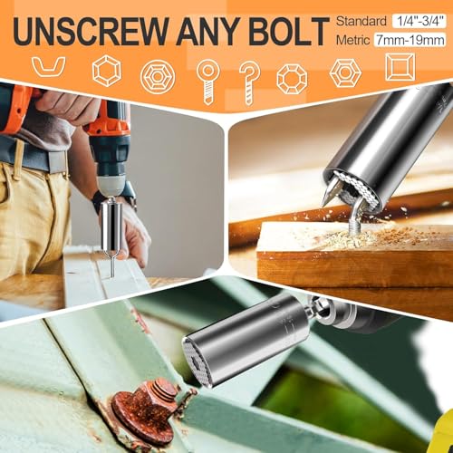Universal Socket Wrench Adapter (7mm-19mm, 1/4"-3/4") Self Adjusting Multi-Size Tool with Power Drill Adapter