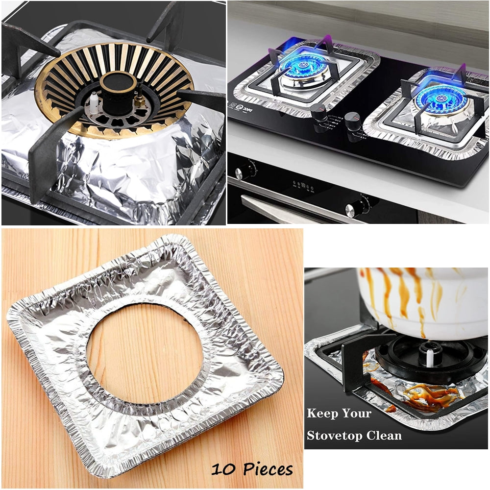 (Pack of 10) Disposable Oil Resistant and Heat Proof Aluminum Covers for Gas Stove Burners