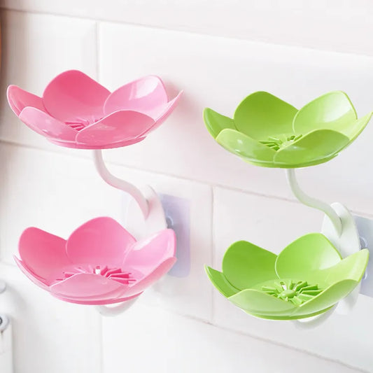 (Pack of 2) Wall- Mounted Drain Soap Box Double Layer with Lotus Flower Shaped