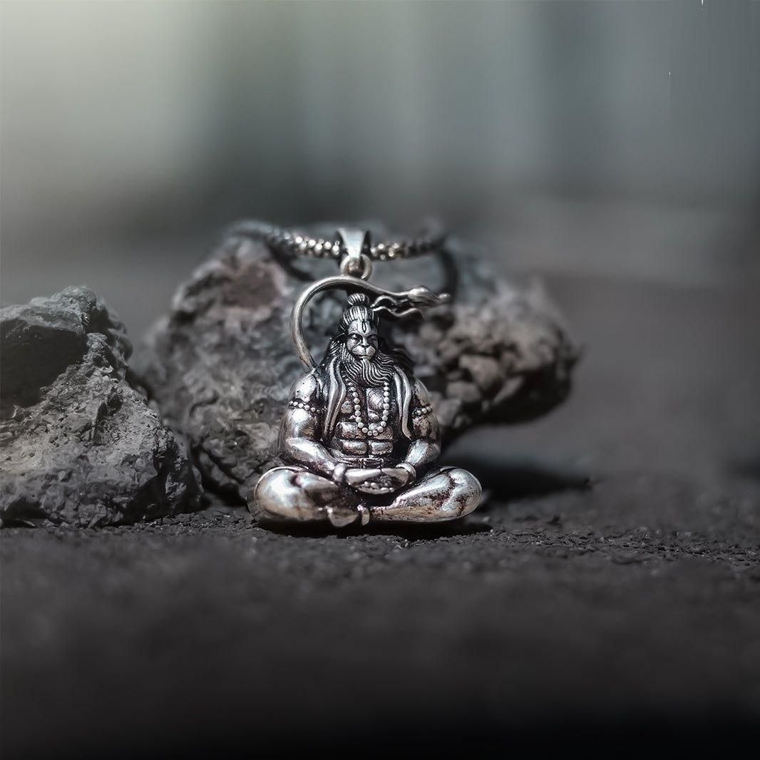 Meditation Hanuman Ji Oxidised Silver Locket