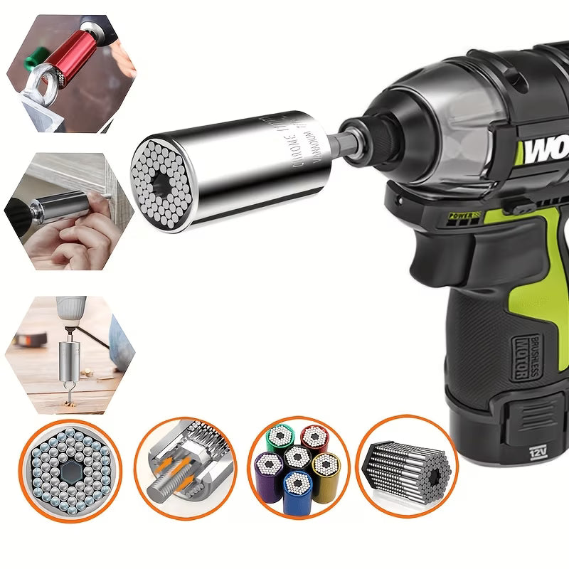Universal Socket Wrench Adapter (7mm-19mm, 1/4"-3/4") Self Adjusting Multi-Size Tool with Power Drill Adapter