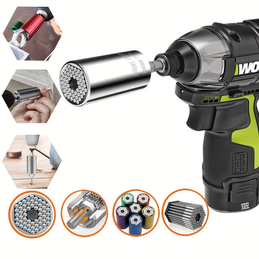 Universal Socket Wrench Adapter (7mm-19mm, 1/4"-3/4") Self Adjusting Multi-Size Tool with Power Drill Adapter
