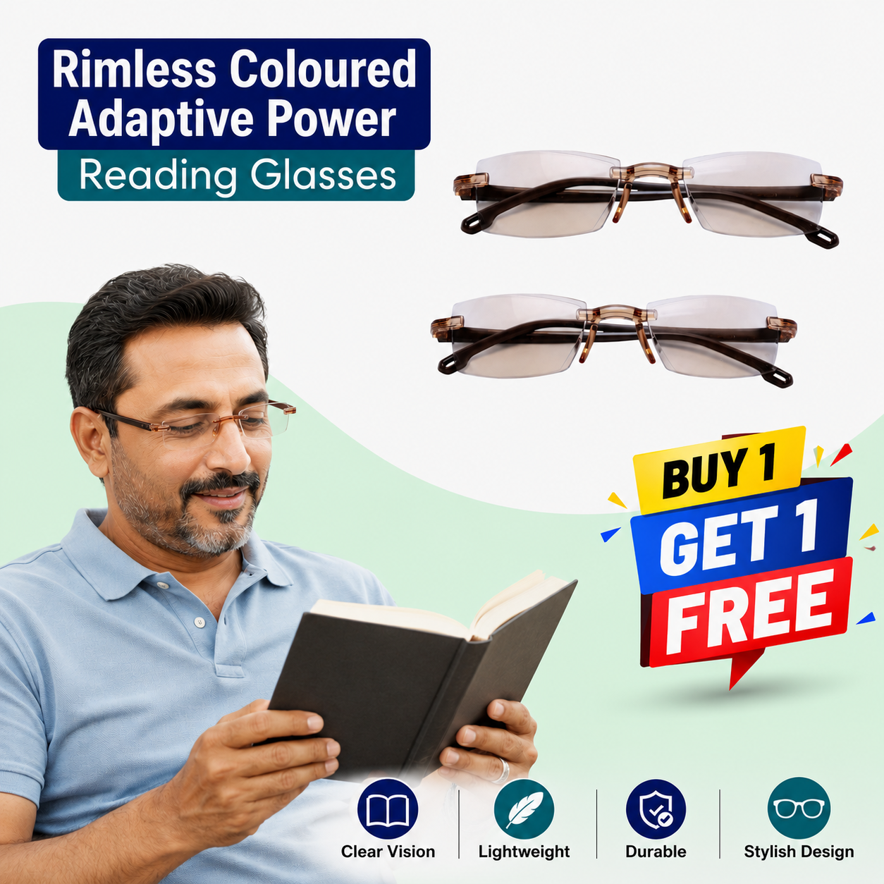 Buy One Get One Free Rimless Adaptive Power Reading Glasses @ Just 499/-