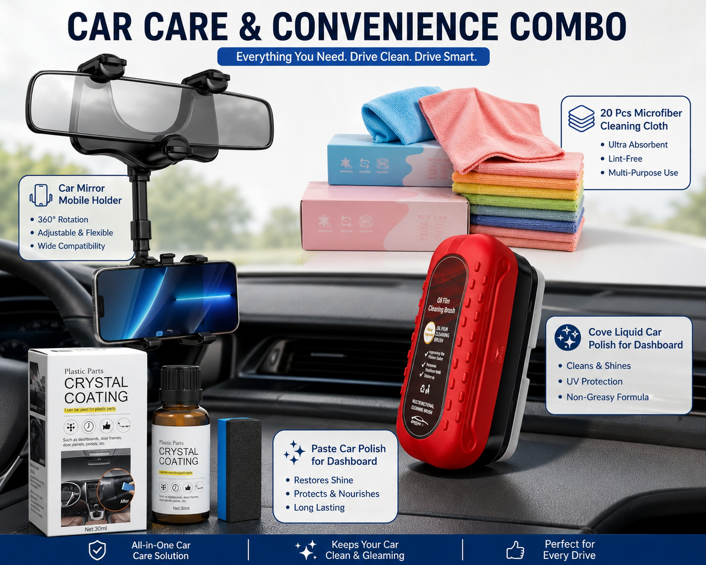 ✨Ultimate Pack - Car Mirror Mobile Holder With Free Car Cleaning Accessories 🚗