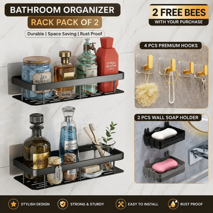 ✨ Luxury Bathroom Organizer Rack Pack of 2 with Free Soap Holder & Premium Hooks