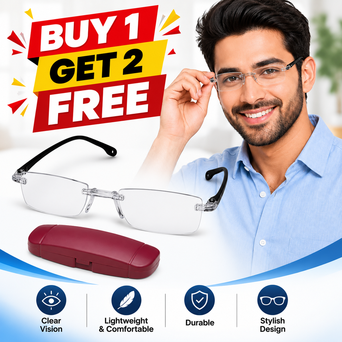 Buy 1 Get 2 Free Rimless Adaptive Power Reading Glasses