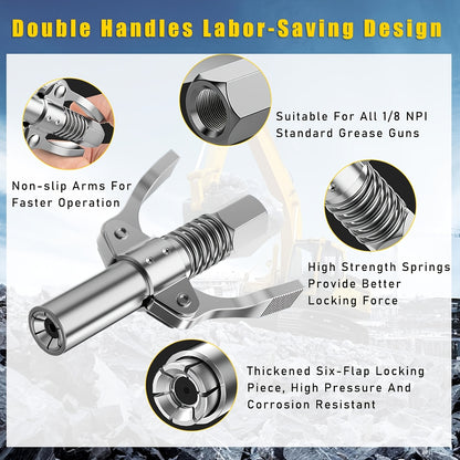 Grease Gun Coupler, Double Handles Quick Release Grease Nozzle Joint Fittings with 6 Thickened Jaws