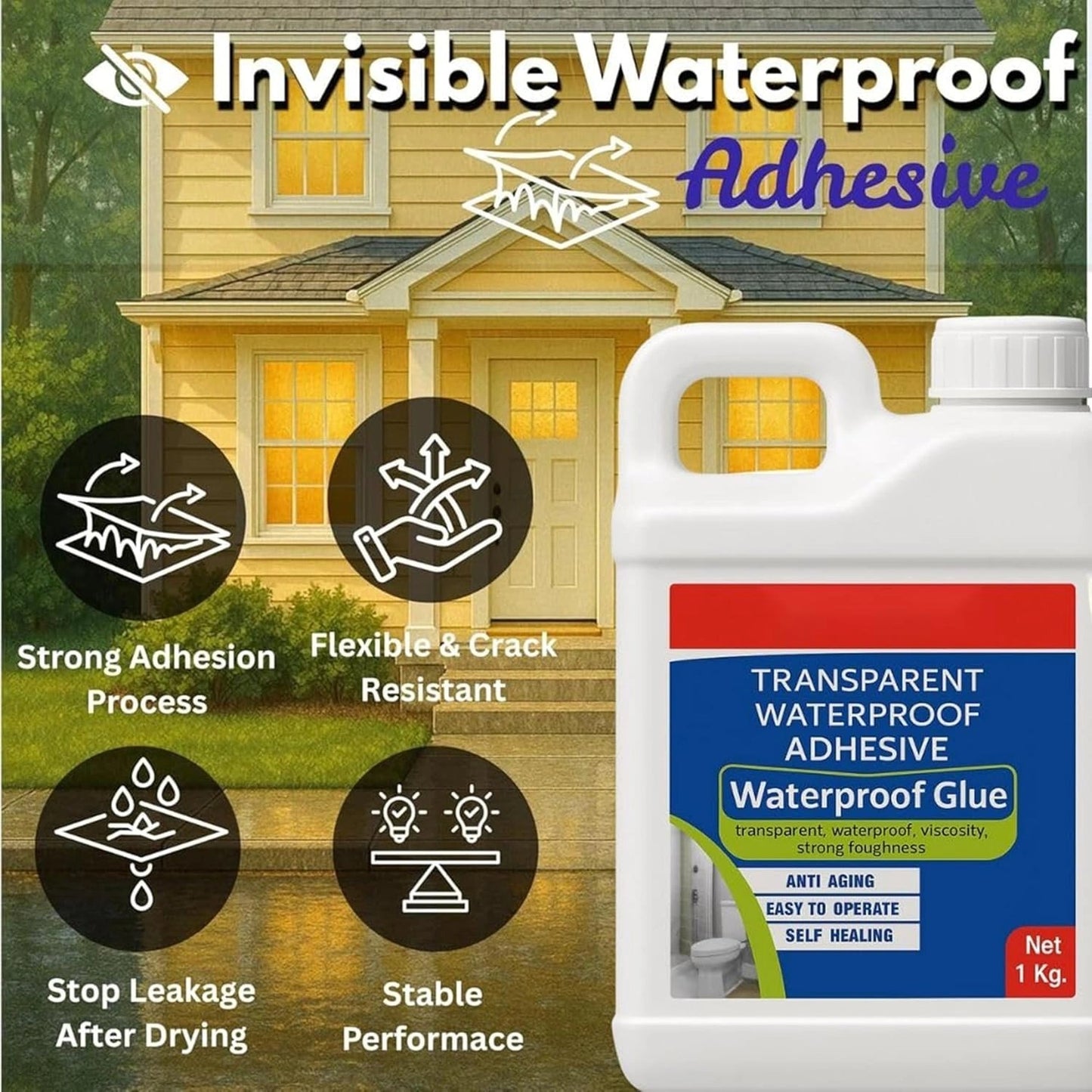 1 Kg Transparent Waterproof Glue with Brush | Roof Leakage Repair Sealant | Crack Filler Adhesive for Bathroom, Pipe, Wall, Tile & Window | Indoor & Outdoor Use