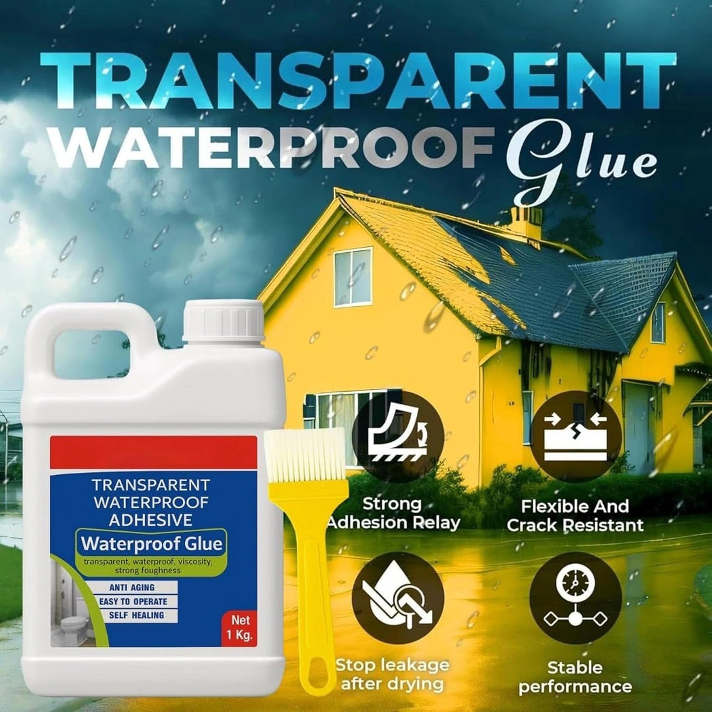 1 Kg Transparent Waterproof Glue with Brush | Roof Leakage Repair Sealant | Crack Filler Adhesive for Bathroom, Pipe, Wall, Tile & Window | Indoor & Outdoor Use