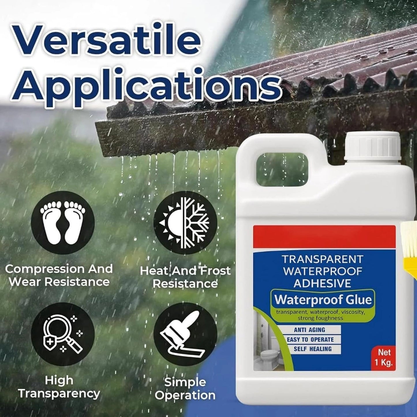 1 Kg Transparent Waterproof Glue with Brush | Roof Leakage Repair Sealant | Crack Filler Adhesive for Bathroom, Pipe, Wall, Tile & Window | Indoor & Outdoor Use